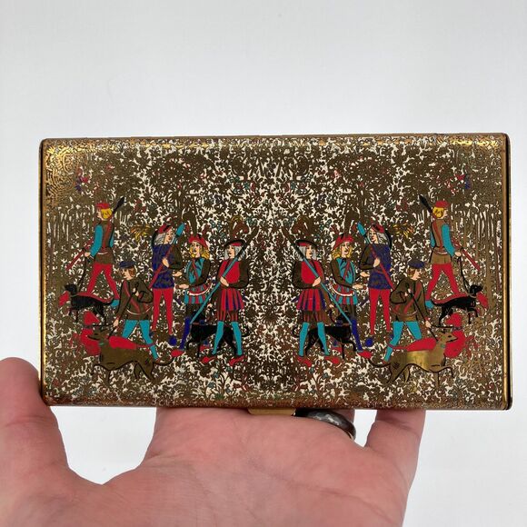 Vintage Volupte Gold Tone Enameled Hunting Scene Cigarette Case, Made in USA - Picture 1 of 10